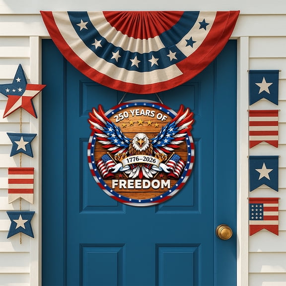 YIBAGA USA 250th Anniversary Door Wreath Hanging Door Sign, 250 Years of Freedom American Flag Eagle 1776 2026 Patriotic Home Decor