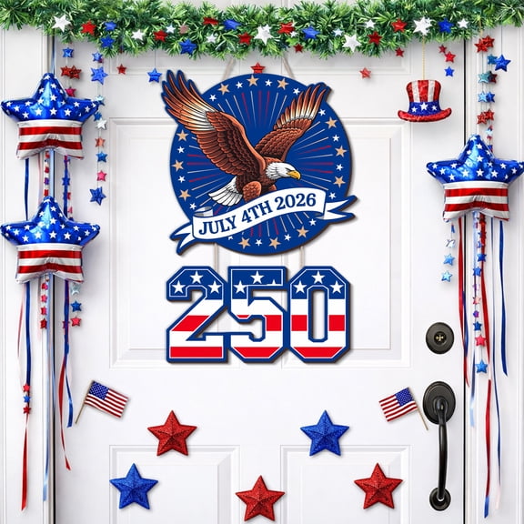 YIBAGA USA 250th Anniversary Door Wreath Hanging Door Sign, July 4th 2026 250th Anniversary Patriotic Home Decor