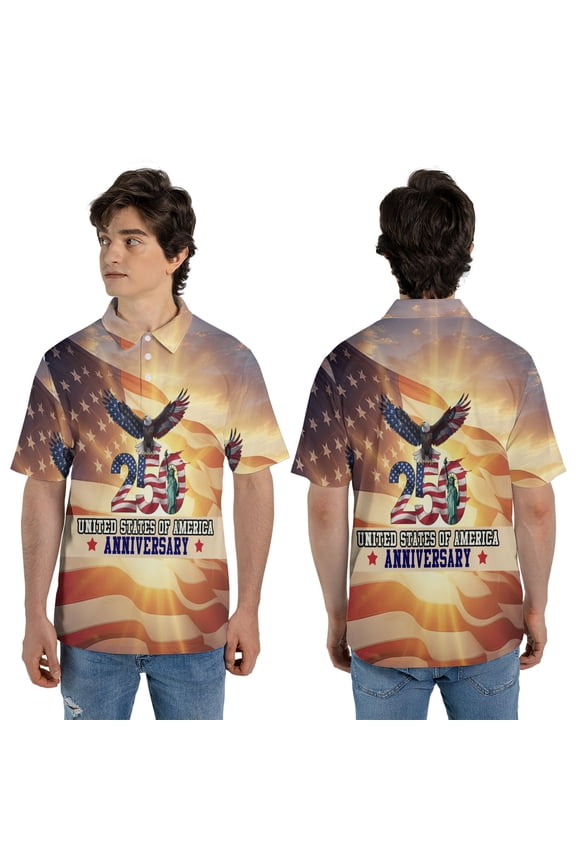 USA 250th Anniversary Eagle Statue Liberty Polo Shirt, Sunset Golden Patriotic 1776-2026 Gift