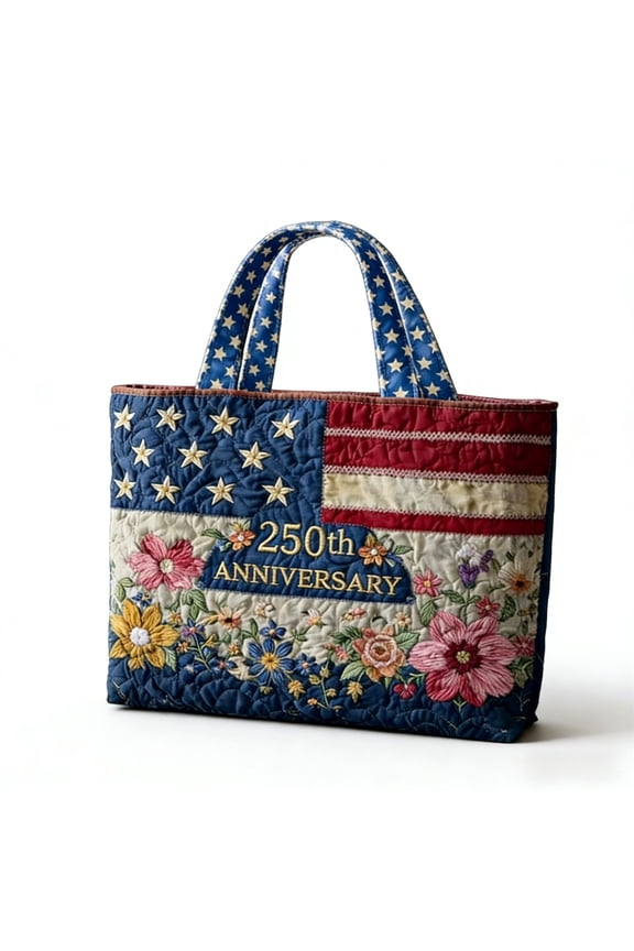 USA 250th Anniversary Floral American Flag Quilted Tote Bag for Women Patchwork Shoulder Bag Daily Handbag Large Quilted Purse for Shopping