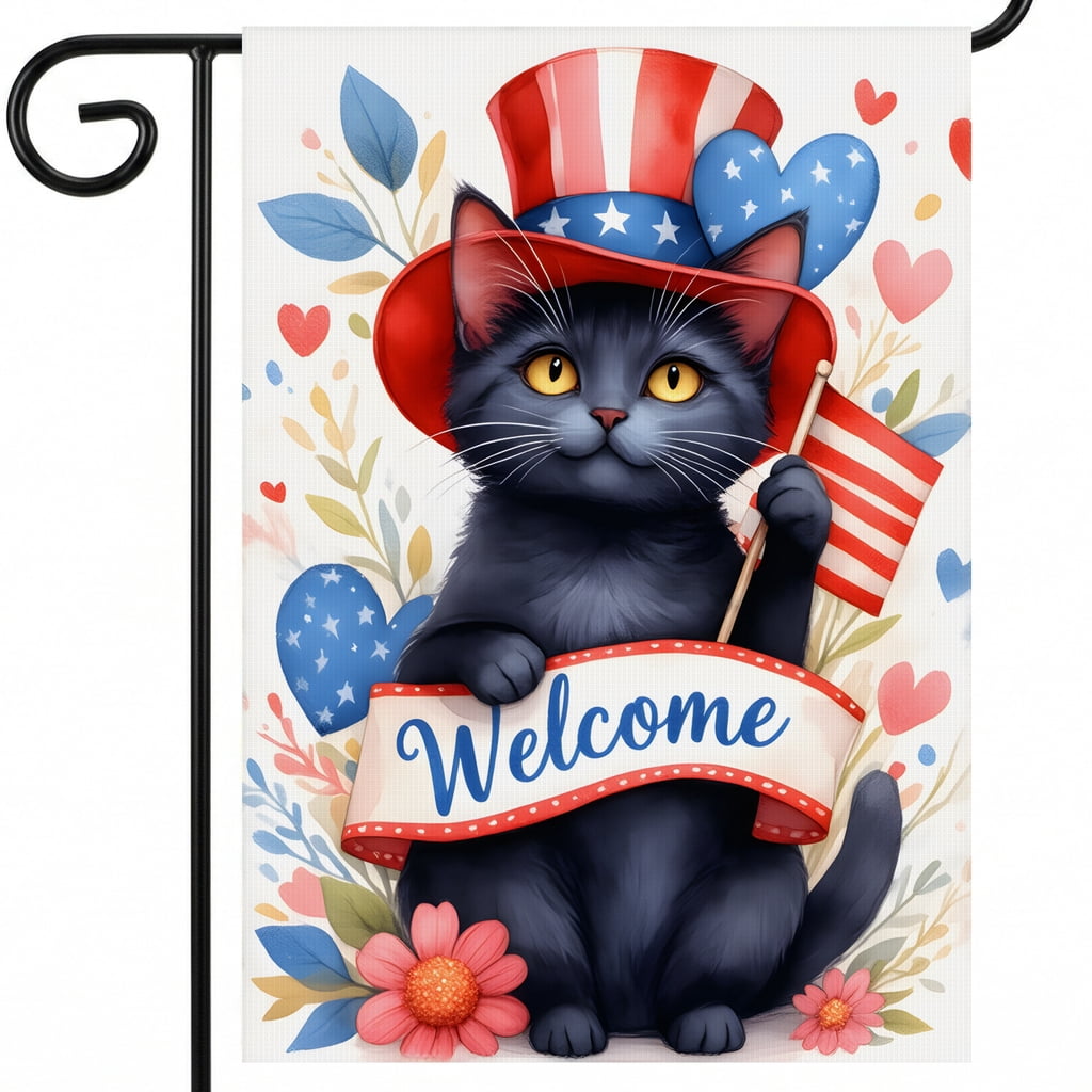 USA 250th Anniversary Garden Flag Black Cat Wearing Red White Blue Hat Holding Flag Independence Day Decorations 28x40 Inch Outdoor Banner 4th of July Decorations