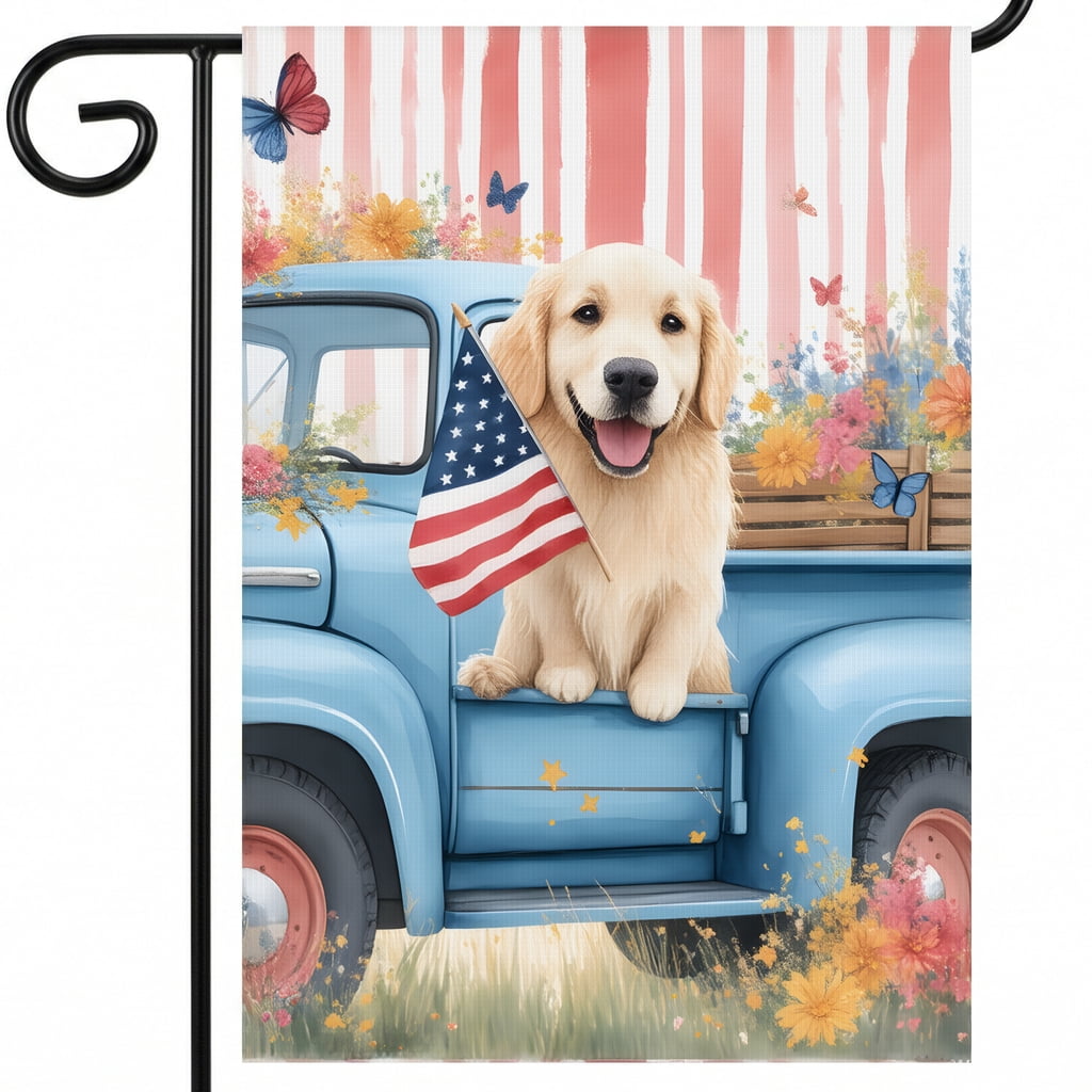 USA 250th Anniversary Garden Flag Spring House Flags 28x40 Double Sided 4th Of July Decorations with Dog Sitting in Blue Truck Holding American Flag