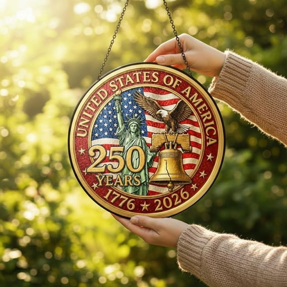 USA 250th Anniversary Glass Suncatcher, America, 1776-2026 Liberty Bell Decoration, Patriotic Ornament, Independence Day, 3.5 in