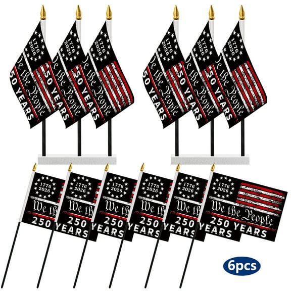 USA 250th Anniversary Hand Held Flag, Patriotic We The People 250 Years Small Mini Flag on Stick, 5x8 inch Double Sided