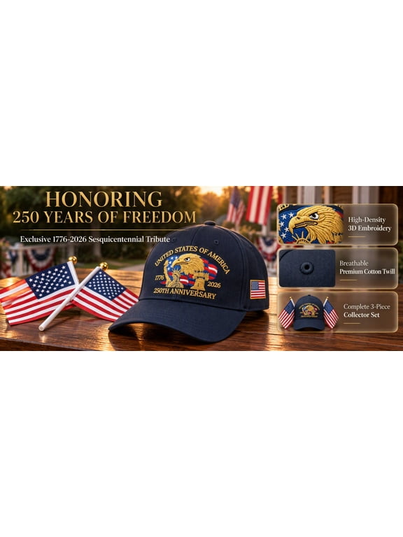 250th Anniversary USA Hat 1776-2026 + 2 Flags Set, 3D Embroidered Bald Eagle Khaki Baseball Cap, Veterans Day Patriotic Gift