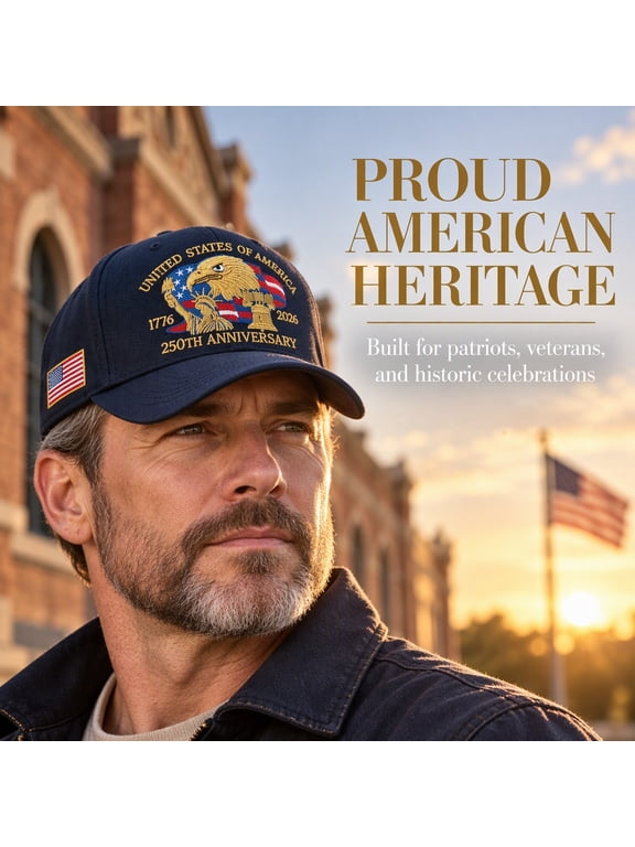 250th Anniversary USA Hat 1776-2026 + 2 Flags Set, 3D Embroidered Bald Eagle Khaki Baseball Cap, Veterans Day Patriotic Gift
