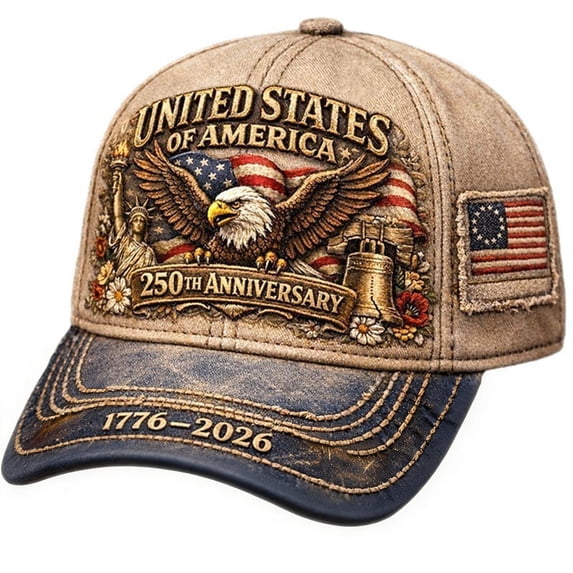 USA 250th Anniversary Hat, Vintage Washed Baseball Cap, Distressed Patriotic Hat with "250 Years of Freedom" Embroidery, Adjustable One Size for Men Women, American Heritage Gift