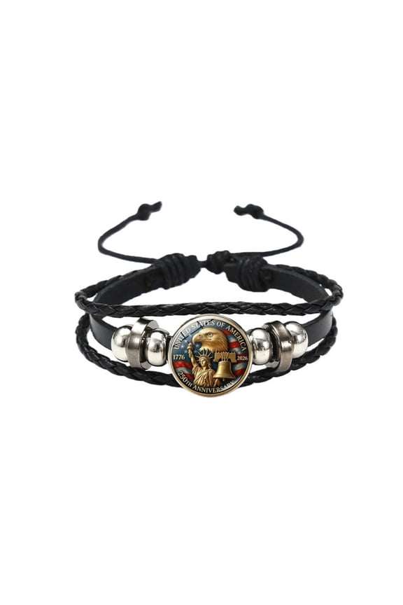 USA 250th Anniversary Leather Bracelet Patriotic Statue of Liberty Liberty Bell Adjustable Braided Wristband Men Women American Flag Commemorative Jewelry Gif