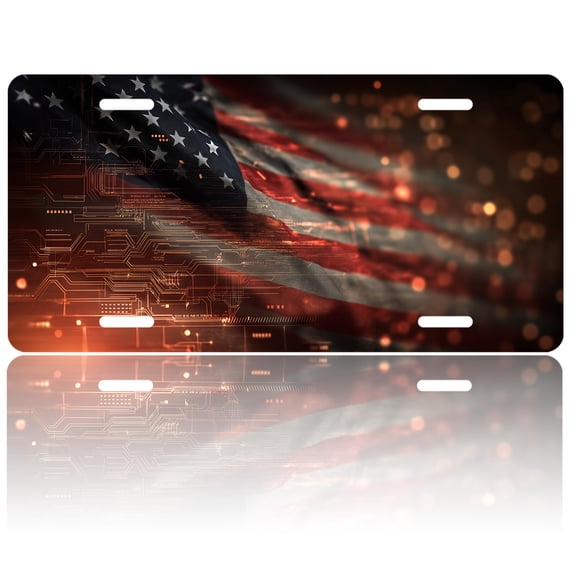 USA 250th Anniversary License Plate, Personalized American Cyber Flag Car Front License Plate Cover, Car Decor Accessory Stainless Aluminum Metal Rust-Proof Car Plate Novelty Vanity Tag 6 X 12 Inch
