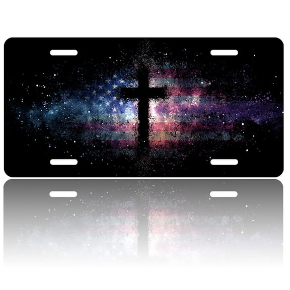 USA 250th Anniversary License Plate, Personalized American Flag Cross Car Front License Plate Cover, Car Decor Accessory Stainless Aluminum Metal Rust-Proof Car Plate Novelty Vanity Tag 6 X 12 Inch