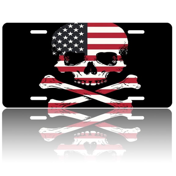 USA 250th Anniversary License Plate, Personalized American Flag Skull Car Front License Plate Cover, Car Decor Accessory Stainless Aluminum Metal Rust-Proof Car Plate Novelty Vanity Tag 6 X 12 Inch