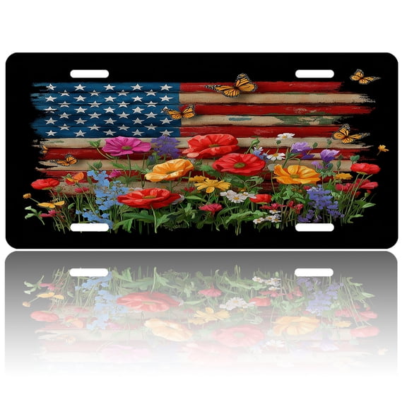 USA 250th Anniversary License Plate, Personalized Floral American Car Front License Plate Cover, Car Decor Accessory Stainless Aluminum Metal Rust-Proof Car Plate Novelty Vanity Tag 6 X 12 Inch