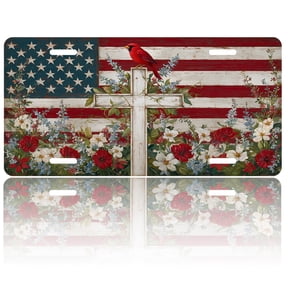 USA 250th Anniversary License Plate, Personalized Floral Cardinal Car Front License Plate Cover, Car Decor Accessory Stainless Aluminum Metal Rust-Proof Car Plate Novelty Vanity Tag 6 X 12 Inch