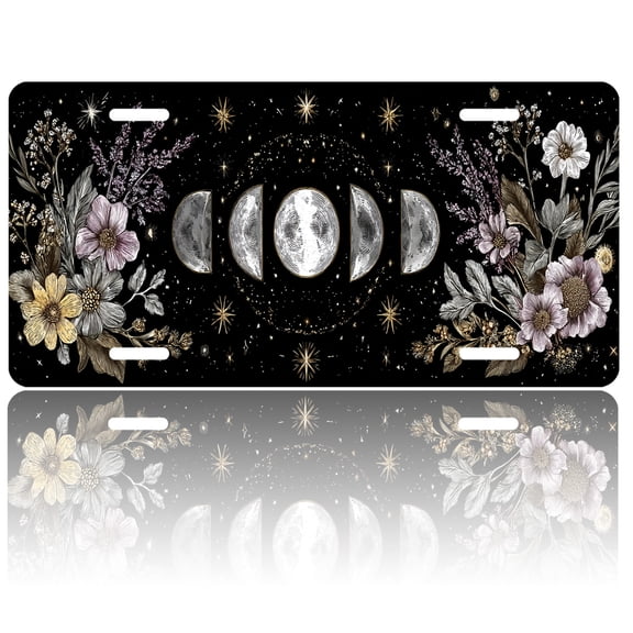 USA 250th Anniversary License Plate, Personalized Floral Moon Phase Car Front License Plate Cover, Car Decor Accessory Stainless Aluminum Metal Rust-Proof Car Plate Novelty Vanity Tag 6 X 12 Inch
