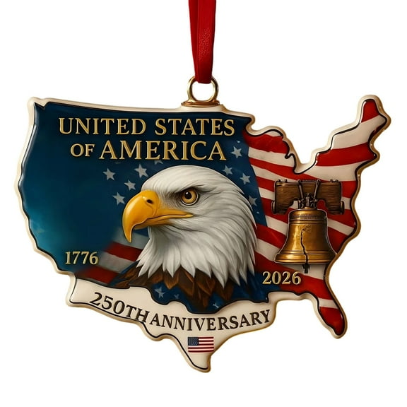 USA 250th Anniversary Map Ornament – United States Shaped Patriotic Hanging Decoration with Flag and Eagle – Commemorative Keepsake for 1776–2026 Holiday Display