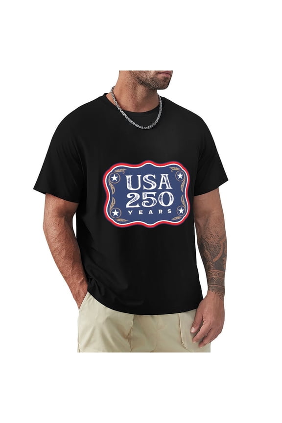 USA 250th Anniversary Men's Cotton HD Print Short Sleeve T-Shirt Crew Neck Top Black 3XL