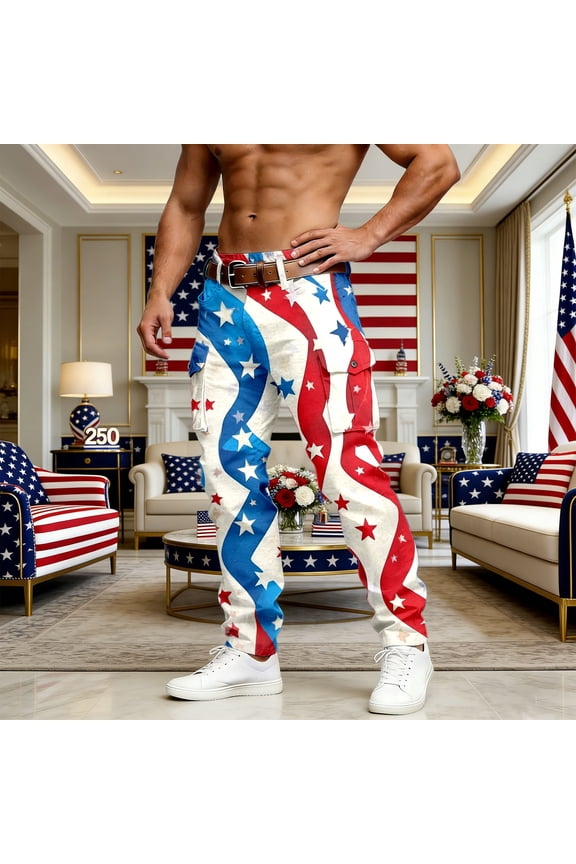 USA 250th Anniversary Mens Cargo Pants 4th of July Pants Patriotic Independence Day Print Trousers White L