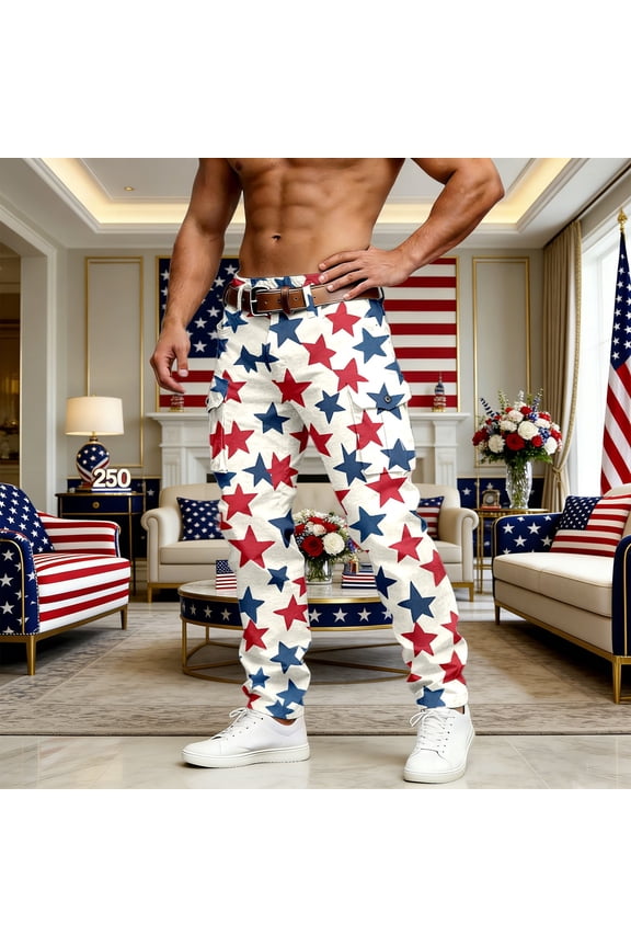 USA 250th Anniversary Mens Cargo Pants 4th of July Pants Patriotic Independence Day Print Trousers White XXXXL
