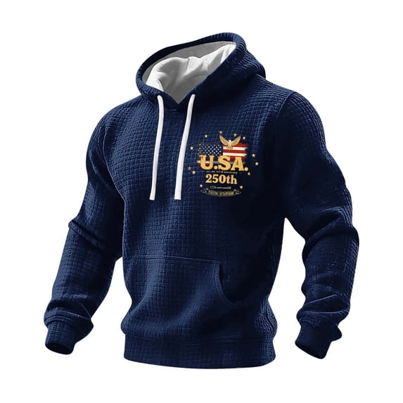 USA 250th Anniversary Merchandise, Mens 4th of July Outfit USA Flag Print Hoodie Casual Waffle Sweatshirt with Pocket Patriotic Apparel