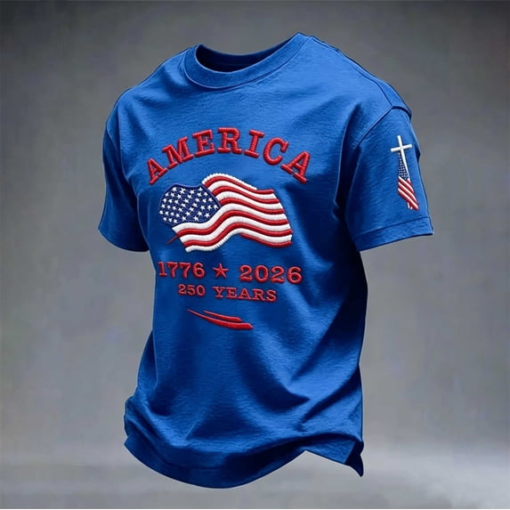 USA 250th Anniversary Merchandise Mens Short Sleeve Crewneck Patriotic Tee Plus Size Loose Fit Summer Commemorative Blue XL