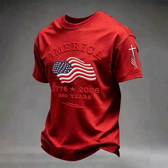 USA 250th Anniversary Merchandise Mens Short Sleeve Crewneck Patriotic Tee Plus Size Loose Fit Summer Commemorative Red XXL
