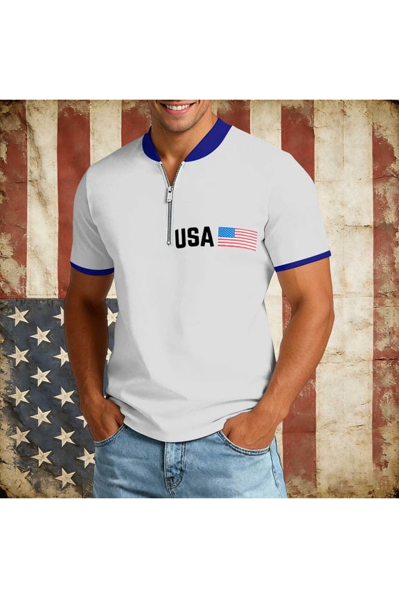 USA 250th Anniversary Merchandise Mens Short Sleeve Half-Zip Independence Day Print T-Shirts Commemorative Summer White XL