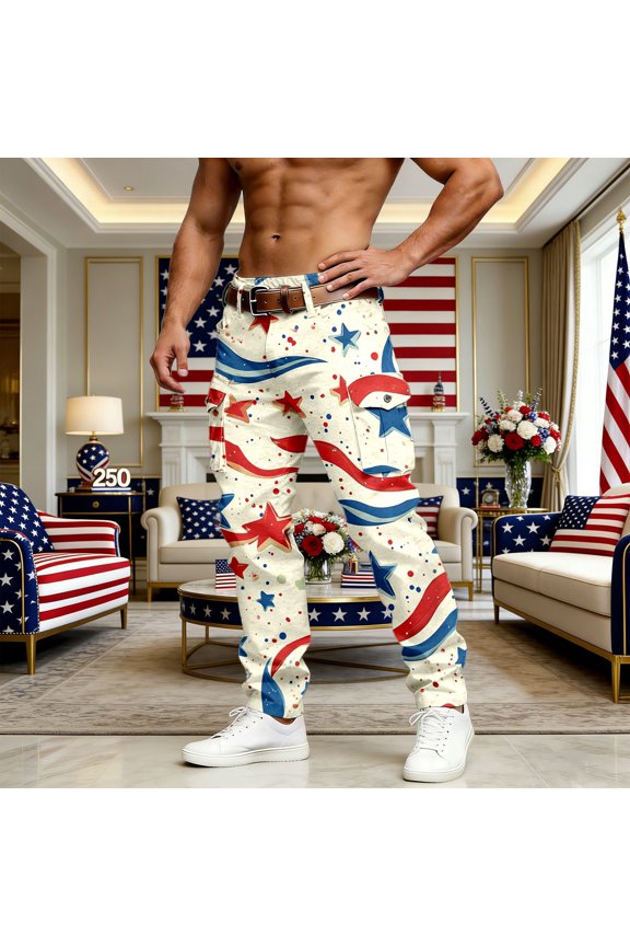 USA 250th Anniversary Printed Cargo Pants Mens 4th of July Casual Outdoor Work Trousers with Pockets White M