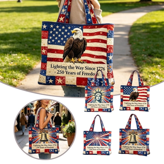 USA 250th Anniversary Quilted Tote Patriotic Shoulder Handbag For Daily Use 1776-2026 Memorial Day Independence Day Gift
