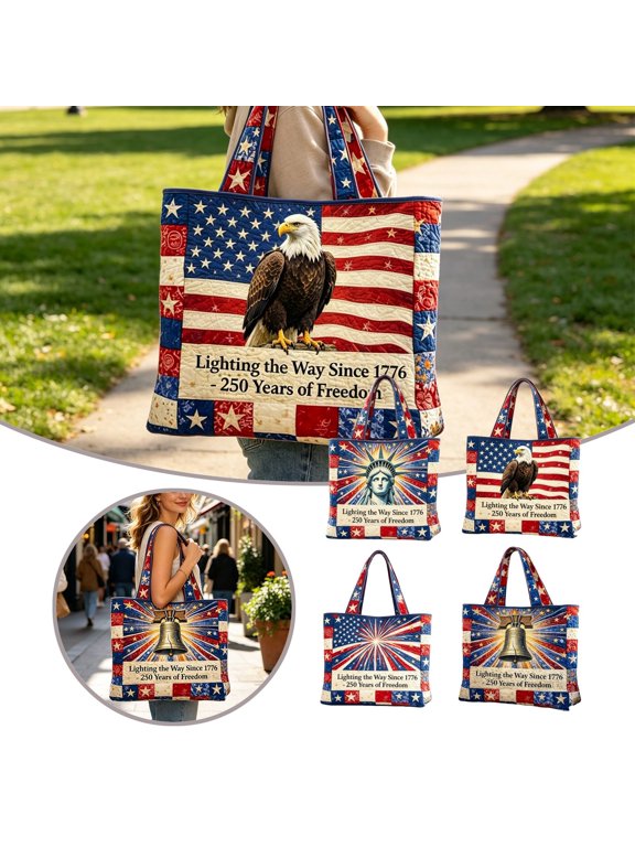 USA 250th Anniversary Quilted Tote Patriotic Shoulder Handbag For Daily Use 1776-2026 Memorial Day Independence Day Gift