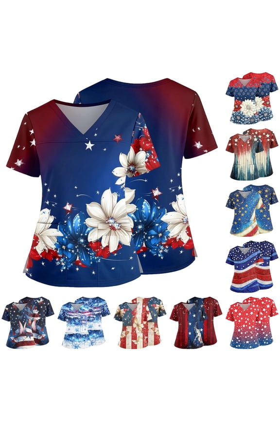 USA 250th Anniversary Scrubs Top for Women - Floral Patriotic V-Neck Nursing Uniform with Pockets, Ombre Gradient Short Sleeve Tunic White XXL