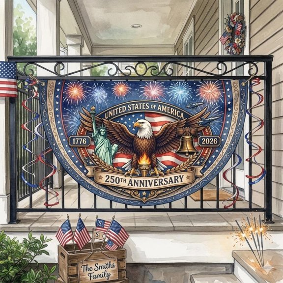 USA 250th Anniversary Semicircle Fence Flag, Semiquincentennial Patriotic Eagle Porch Balcony Banner, July 4th Railing Decor