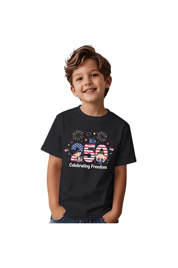 USA 250th Anniversary Shirt Boys Graphic Short Sleeve T Shirt Casual Crew Neck Tee with Stars and Stripes Print for Kids Black 3 Years-4 Years