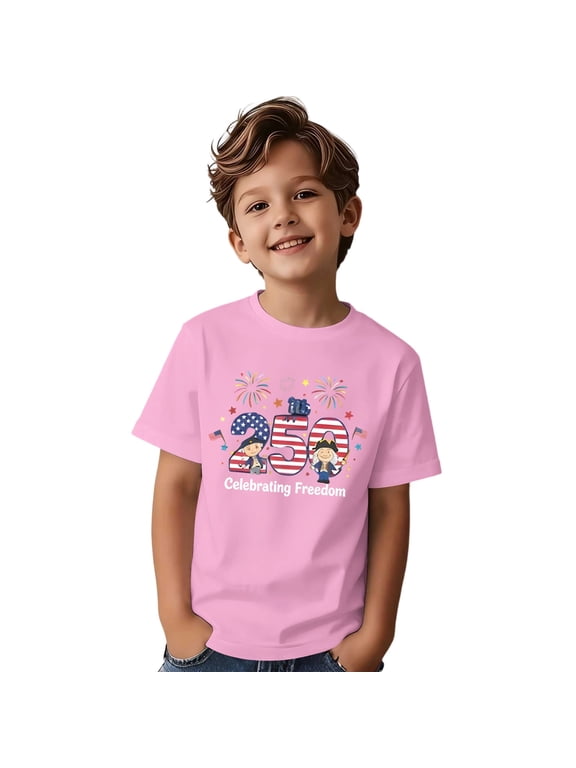 USA 250th Anniversary Shirt Boys Graphic Short Sleeve T Shirt Casual Crew Neck Tee with Stars and Stripes Print for Kids Pink 6 Years-7 Years