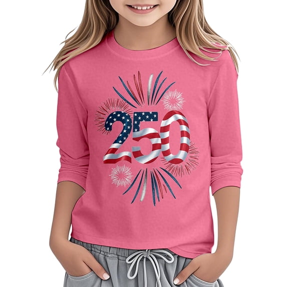 USA 250th Anniversary Shirt Girls Patriotic 4Th of July Graphic Print Three Quarter Sleeve Casual Tee Shirt for Toddler and Youth Kids Pink 4 Years-5 Years
