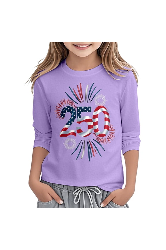 USA 250th Anniversary Shirt Girls Patriotic 4Th of July Graphic Print Three Quarter Sleeve Casual Tee Shirt for Toddler and Youth Kids Purple 3 Years-4 Years