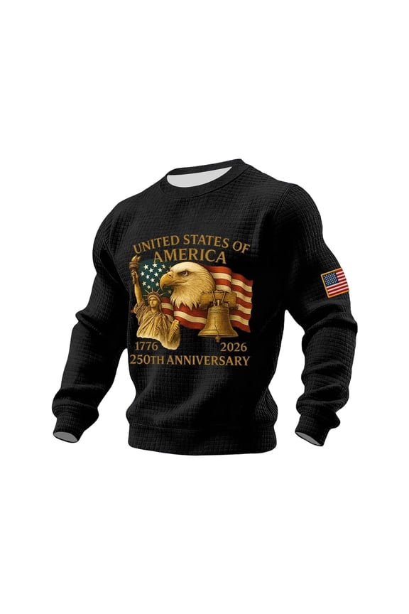 USA 250th Anniversary Shirt Mens Round Neck Long Sleeve Tops American Flag Eagle Shirts 250 Years Casual Waffle Pullover