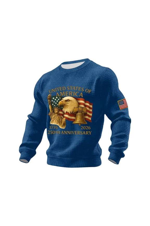 USA 250th Anniversary Shirt Mens Round Neck Long Sleeve Tops American Flag Eagle Shirts 250 Years Casual Waffle Pullover