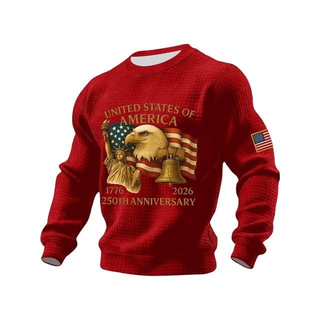 USA 250th Anniversary Shirt Mens Round Neck Long Sleeve Tops American Flag Eagle Shirts 250 Years Casual Waffle Pullover