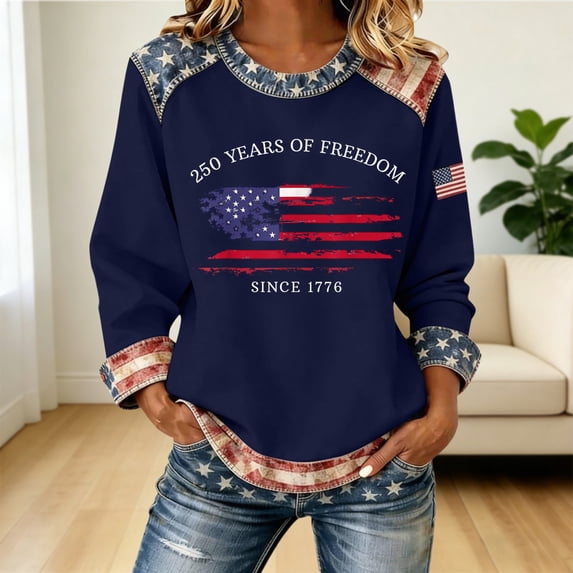 USA 250th Anniversary Shirt Women Patriotic Crewneck Denim Patchwork Pullover Sweatshirts Color Dark Blue Size XXXXXL