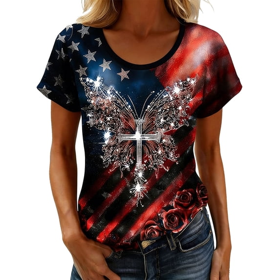USA 250th Anniversary Shirt Women's Fashion Casual Short Sleeve T Shirt Round Neck Printed Top Daily Wear Outgoing Stars and Stripes V Neck Red L