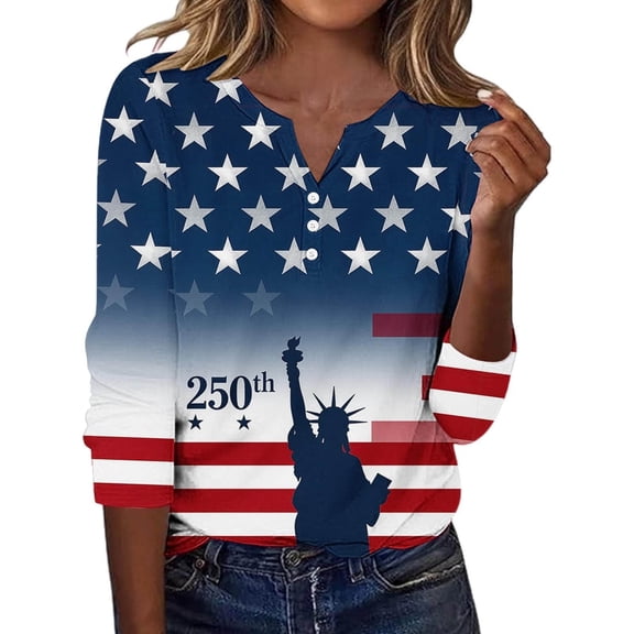USA 250th Anniversary Shirt Women's Stars and Stripes Patriotic Graphic Tee Short Sleeve Top Fourth of July Celebration National Day Commemorative Shirt V Neck Three Quarter Sleeve Navy S