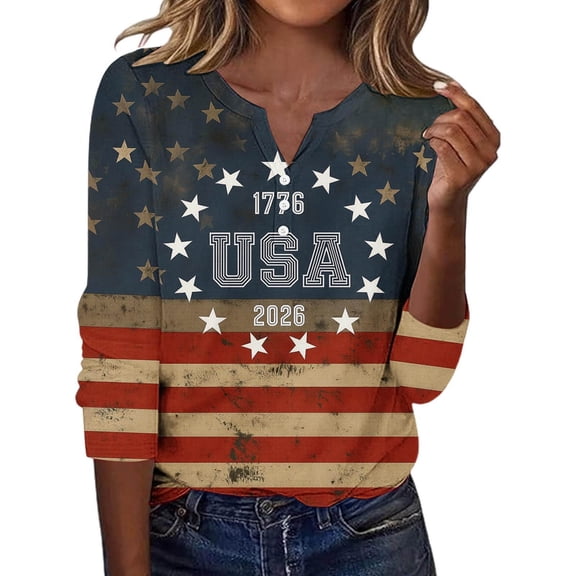 USA 250th Anniversary Shirt Women's Stars and Stripes Patriotic Graphic Tee Short Sleeve Top Fourth of July Celebration National Day Commemorative Shirt V Neck Three Quarter Sleeve Red L