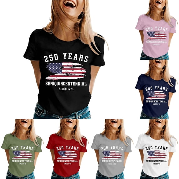 USA 250th Anniversary Shirt Womens T Shirts Graphic Independence Days Tees Crew Neck Short Sleeve Light Green Top M