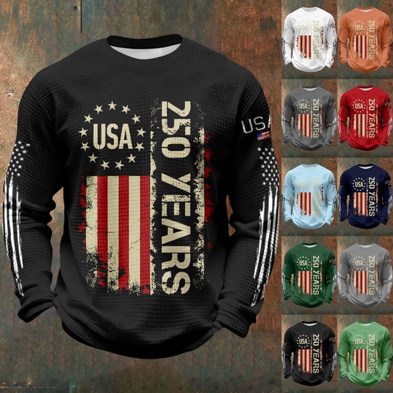 USA 250th Anniversary Shirt for Men Waffle Knit T Shirt American Flag Independence Day Long Sleeve Top Red XXXL
