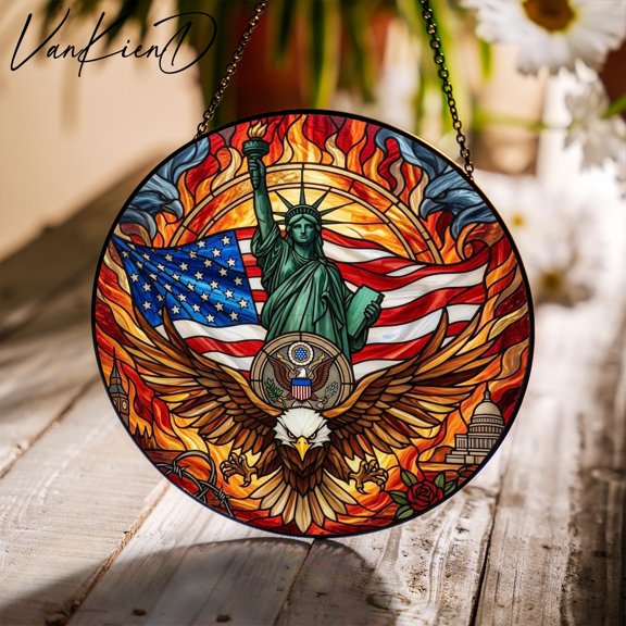 USA 250th Anniversary Stained Glass Suncatcher: American Eagle Patriotic Window Hanging, 250 Years Of Freedom Decor