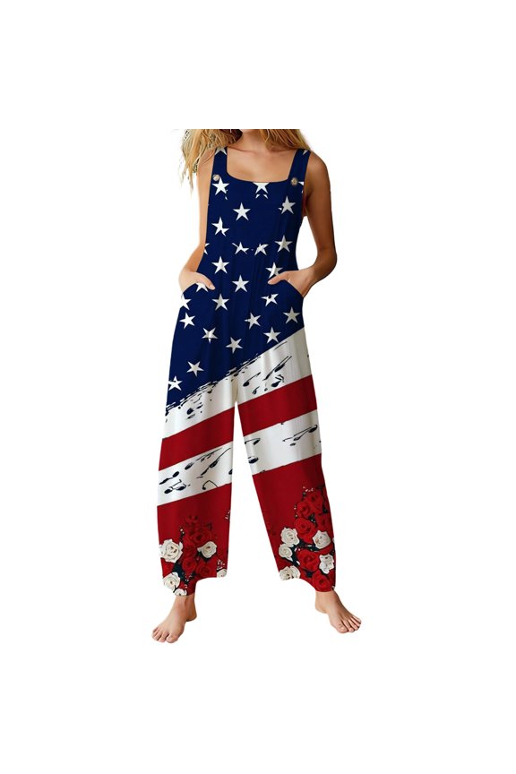 USA 250th Anniversary Stars and Stripes Print Jumpsuits for Women Square Collar Sleeveless Ankle Length Overalls with Pockets Patriotic Design Casual Outing Holiday Celebration Blue XXL