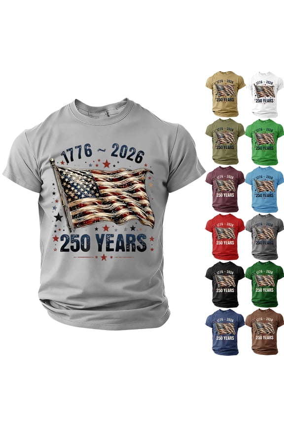 USA 250th Anniversary T-Shirt for Men 1776-2026 Patriotic Graphic Tee Vintage Waving Flag Crew Neck Short Sleeve Casual Cotton Blend Top Navy S