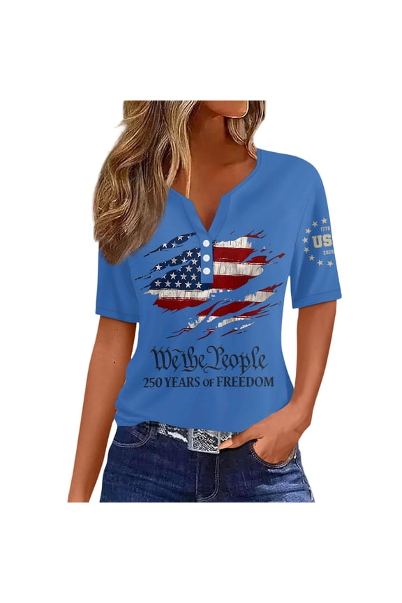 America 250th Anniversary Patriotic Tops Women Short Sleeve Button Henley Shirts 4th of July Tee