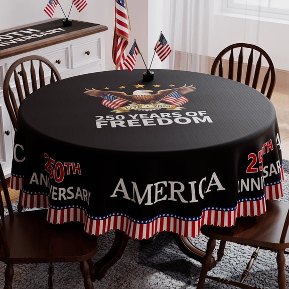 YIBAGA USA Anniversary 250th Tablecloth, 250 Years of Freedom America Eagle Table Cover Spring Home Dining Table Decorations, 70 inch Diameter Round, Polyester