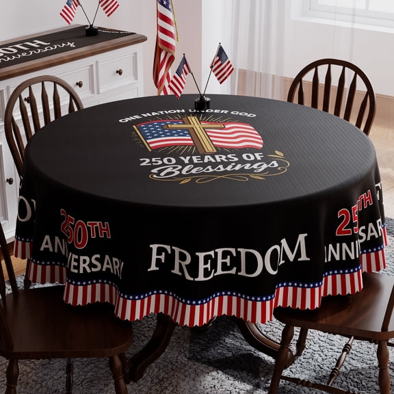 USA 250th Anniversary Tablecloth, American National Flag Cross Table Cover Spring Home Dining Table Decorations, 70 inch Diameter Round, Polyester